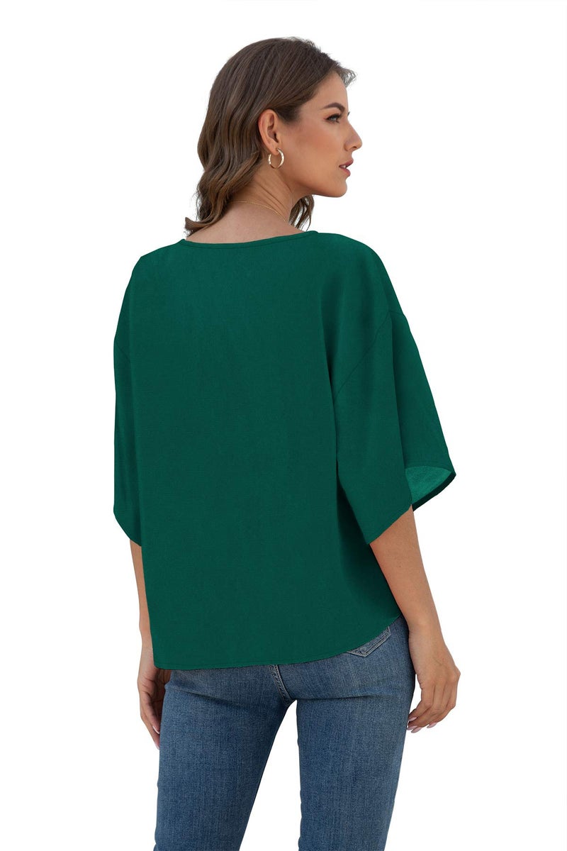 VIISHOW Womens V Neck Tie Knot Front Blouses Bat Wing Short Sleeve Chiffon Tops Shirts(Dark Green,XX-Large) - Image 4