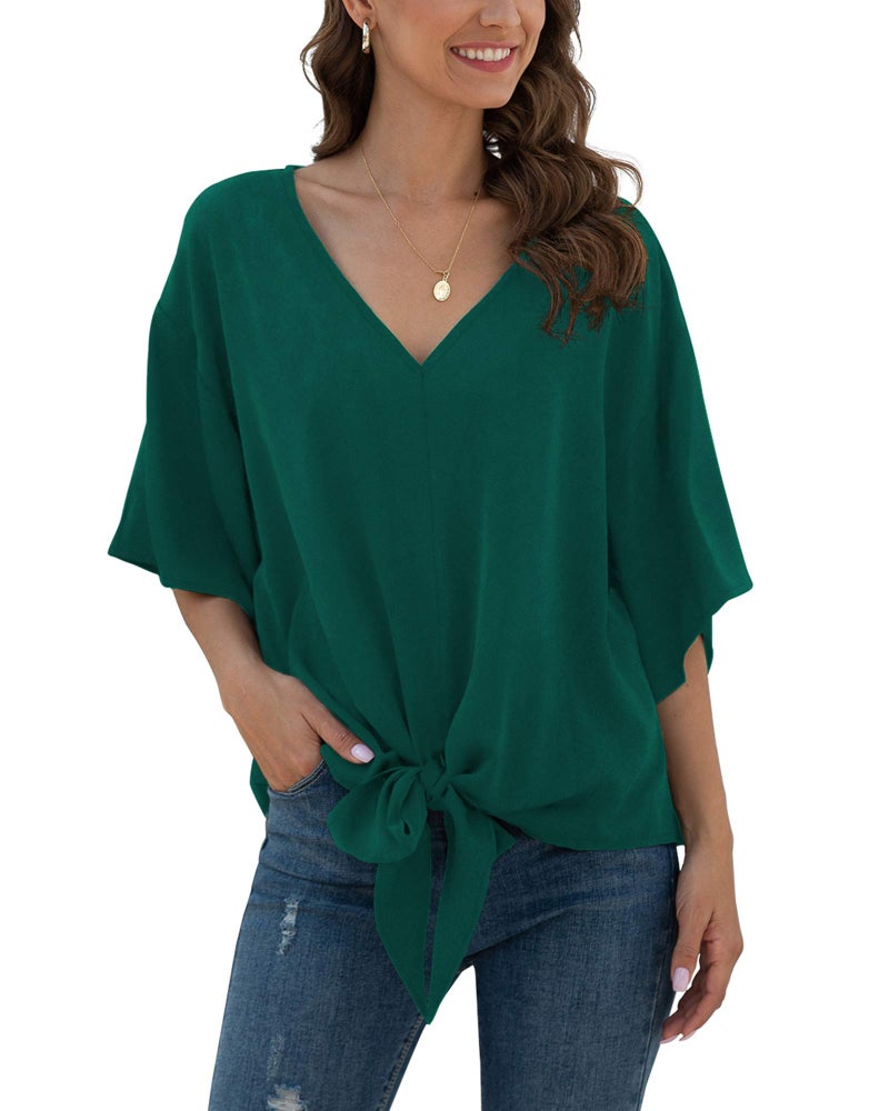 VIISHOW Womens V Neck Tie Knot Front Blouses Bat Wing Short Sleeve Chiffon Tops Shirts(Dark Green,XX-Large) - Image 2