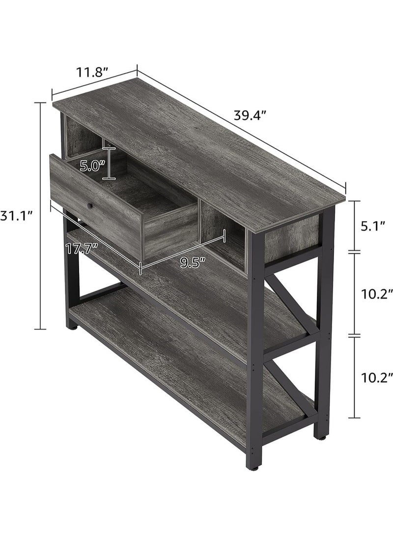 AGD 3-Tier Console Table with Drawer, Artificial Wooden Shelves for Living Room Sofa, Foyer, Kitchen Table, 100x30x79cm Gray - Image 2
