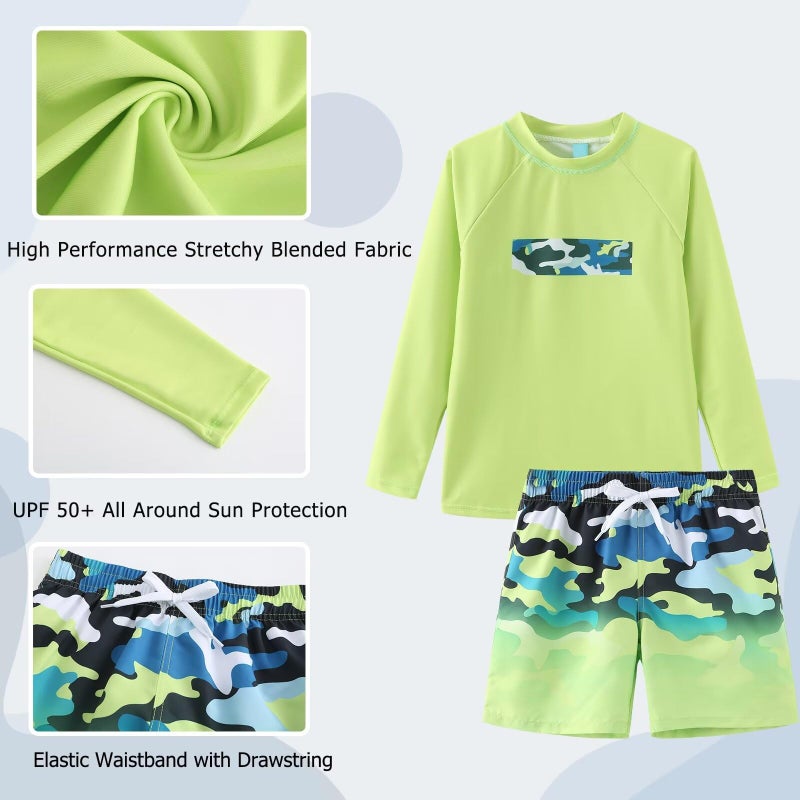 Aisyee Boys Two Piece Rash Guard Swimsuits Set with Swim Trunk Kids Long Sleeve Bathing Suit Swimwear Set Green Gradient Camo Size 8/7-8 Years - Image 5