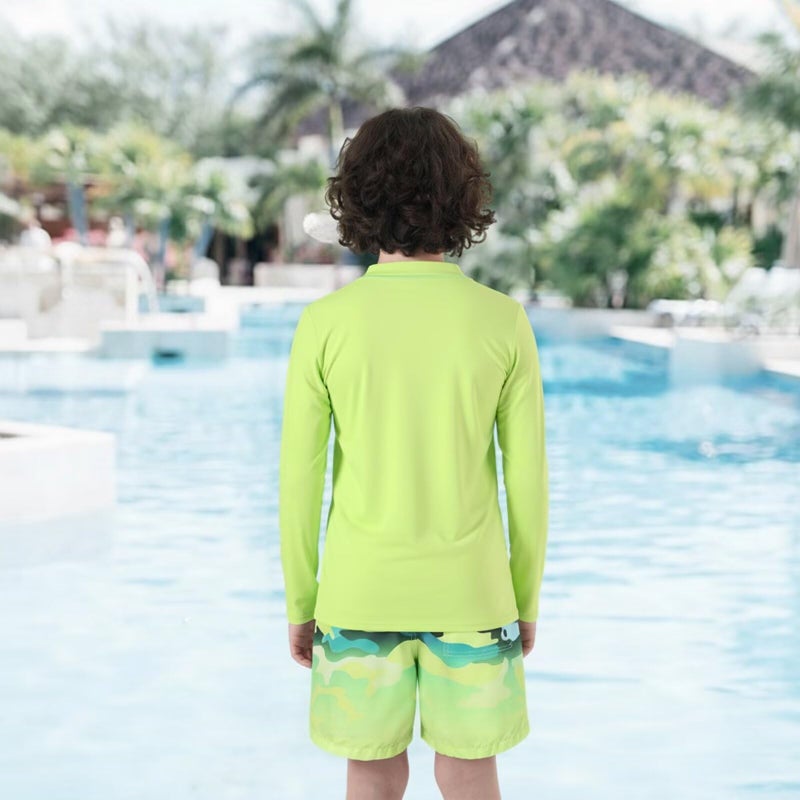 Aisyee Boys Two Piece Rash Guard Swimsuits Set with Swim Trunk Kids Long Sleeve Bathing Suit Swimwear Set Green Gradient Camo Size 8/7-8 Years - Image 3