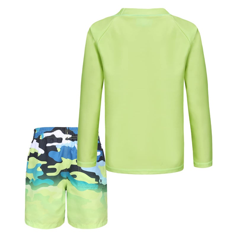 Aisyee Boys Two Piece Rash Guard Swimsuits Set with Swim Trunk Kids Long Sleeve Bathing Suit Swimwear Set Green Gradient Camo Size 8/7-8 Years - Image 4