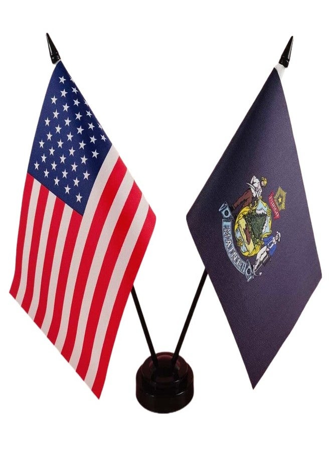 Zigvert America & Maine Twin Desk Flag, US Maine Table Flags, 8 x 5 Inches American & Maine Deluxe Desk Flag Set - Miniature USA & Maine Stick Flag with Flag Stand - Image 1