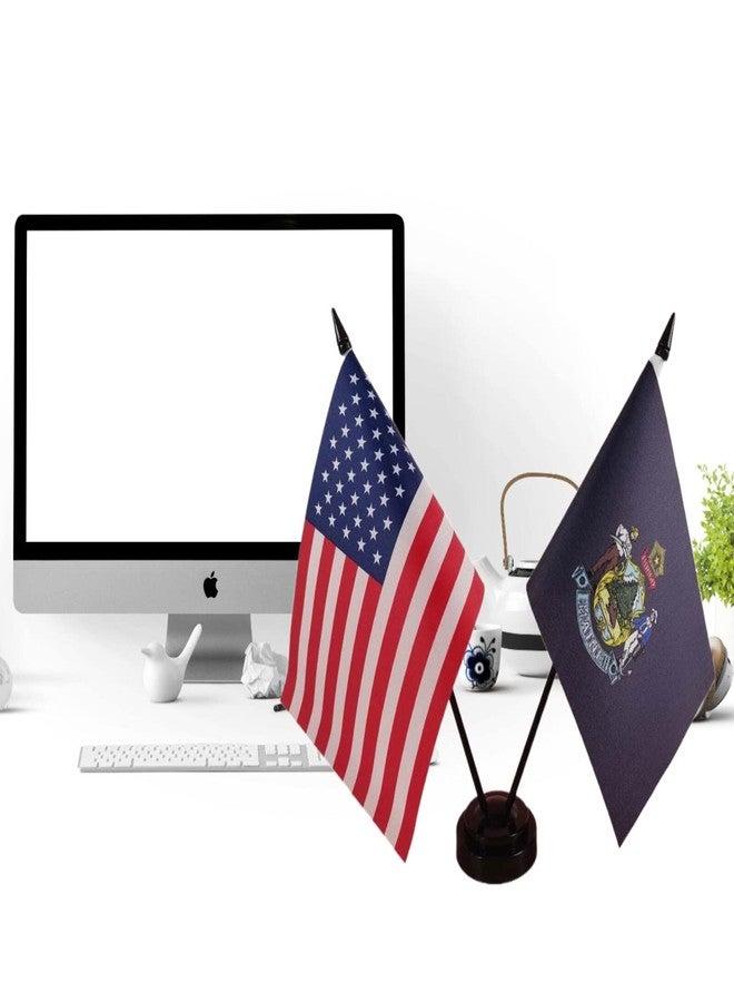 Zigvert America & Maine Twin Desk Flag, US Maine Table Flags, 8 x 5 Inches American & Maine Deluxe Desk Flag Set - Miniature USA & Maine Stick Flag with Flag Stand - Image 2