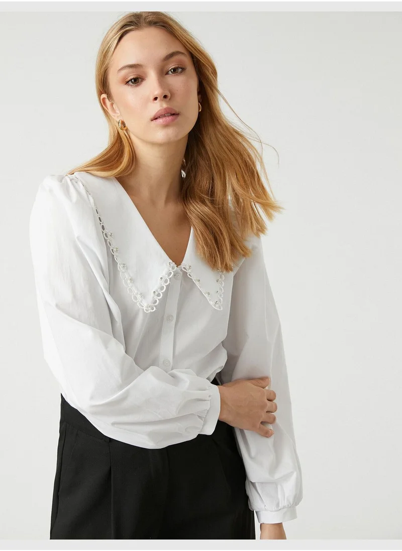 KOTON Puff Sleeve Shirt Wide Collar Embroidered