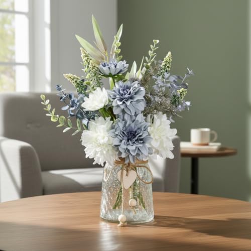 LADADA Artificial Flowers in Glass Vases, Silk Dahlia in Vases, Offices, Farmhouses, Bathrooms, Dining Tables, Coffee Tables, Decorative Artificial Flowers - Image 1