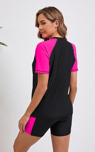 Halcurt Women's Two Piece Rash Guard Swim Shirts Built in Bra Swimsuit with Boyshorts with Pockets Black XL - Image 2