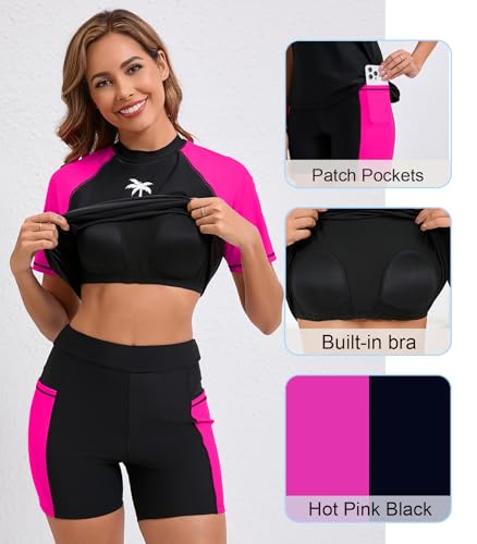 Halcurt Women's Two Piece Rash Guard Swim Shirts Built in Bra Swimsuit with Boyshorts with Pockets Black XL - Image 5