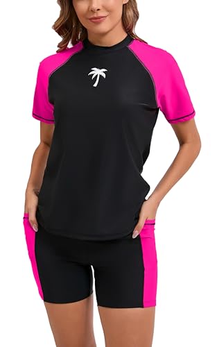 Halcurt Women's Two Piece Rash Guard Swim Shirts Built in Bra Swimsuit with Boyshorts with Pockets Black XL - Image 1