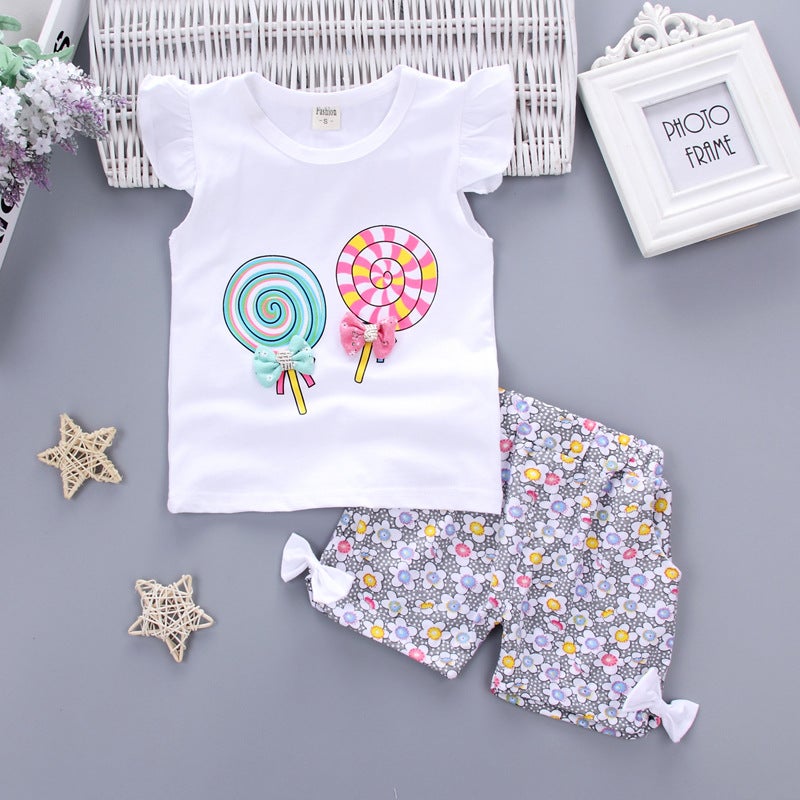 Summer small and medium-sized childrens lollipop short sleeve shorts girl baby cartoon 0-4 years old childrens suit vest suit tide White 