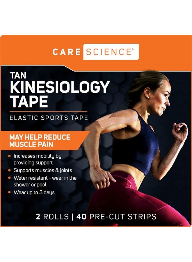 Care Science Waterproof Kinesiology Tape, Precut Water Resistant Strips, Elastic Athletic Tape for Sports & Weightlifting, Supports Muscles & Joints, Muscle Strain Relief, Tan, 2 Rolls, 40 Count - Image 3