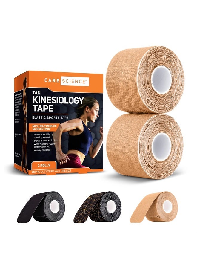 Care Science Waterproof Kinesiology Tape, Precut Water Resistant Strips, Elastic Athletic Tape for Sports & Weightlifting, Supports Muscles & Joints, Muscle Strain Relief, Tan, 2 Rolls, 40 Count - Image 1