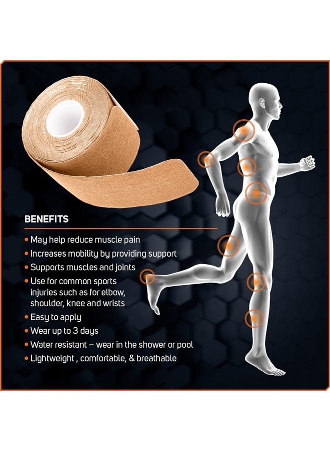 Care Science Waterproof Kinesiology Tape, Precut Water Resistant Strips, Elastic Athletic Tape for Sports & Weightlifting, Supports Muscles & Joints, Muscle Strain Relief, Tan, 2 Rolls, 40 Count - Image 2