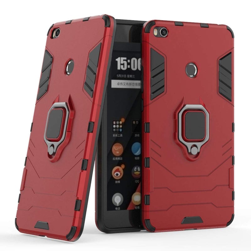 MaiJin MaiJin Compatible with Xiaomi Mi Max 2 Case, Metal Ring Grip Kickstand Shockproof Hard Bumper Shell (Works with Magnetic Car Mount) Dual Layer Rugged Cover for Xiaomi Mi Max2 (Red)  - Image 1