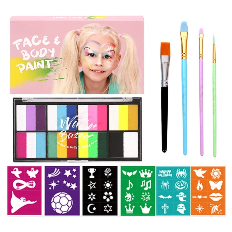 Watercolor Paint Palette Set 18 Colors Set Professional Face Split Cakes with 4 Brush& 6 Stencils Safe& Non Water Activated Face and Body Painting Makeup Facepaints for - Image 1
