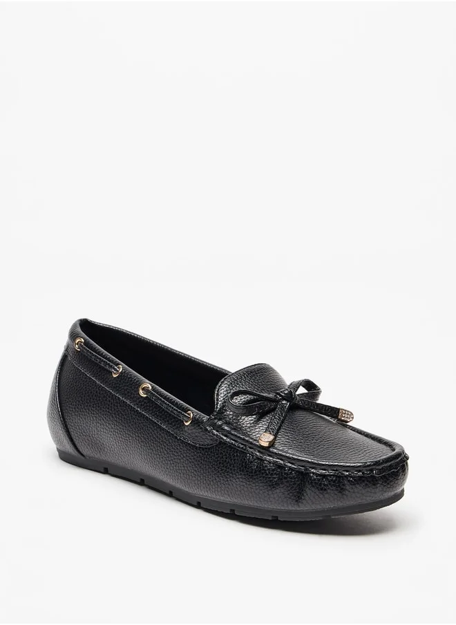 لو كونفورت Women's Textured Slip-On Loafers with Bow Accent