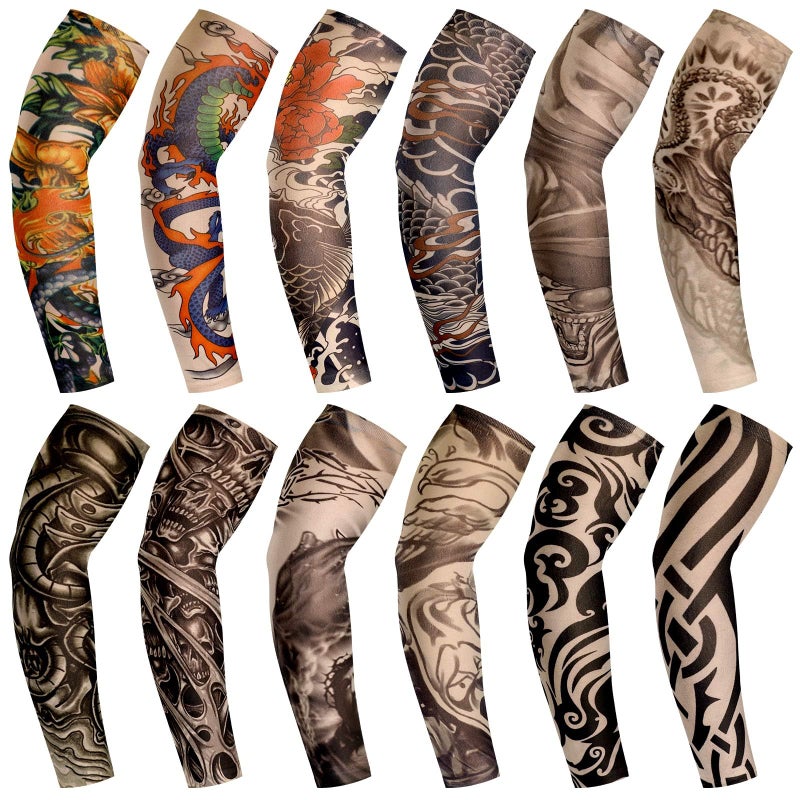 Geyoga 12 Pcs Tattoo Sleeves Fake Arm Sleeves Cover Realistic Soft Elasticity UV Protection for Men Women Working(Plus Size) - Image 1