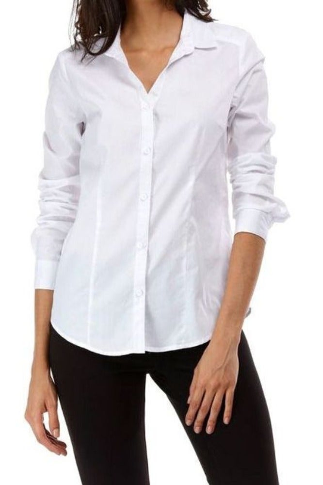 قميص نسائي أبيض – بأكمام طويلة وياقة كلاسيكية من قماش بوبلين ليكرا - Image 1