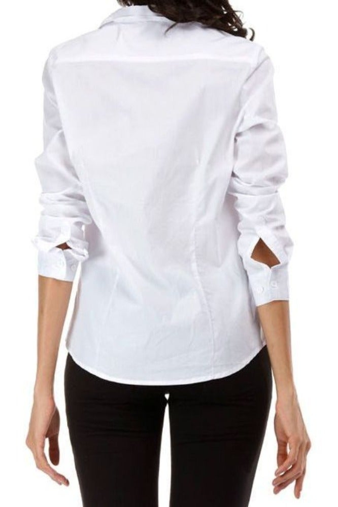 قميص نسائي أبيض – بأكمام طويلة وياقة كلاسيكية من قماش بوبلين ليكرا - Image 2