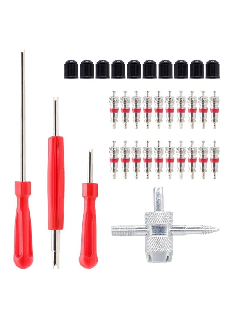 Valve Stem Removal Tool - 20Pcs Valve Cores, 10Pcs Tire Valve Caps, 4-Way Valve Tool, Valve Core Remover Tool