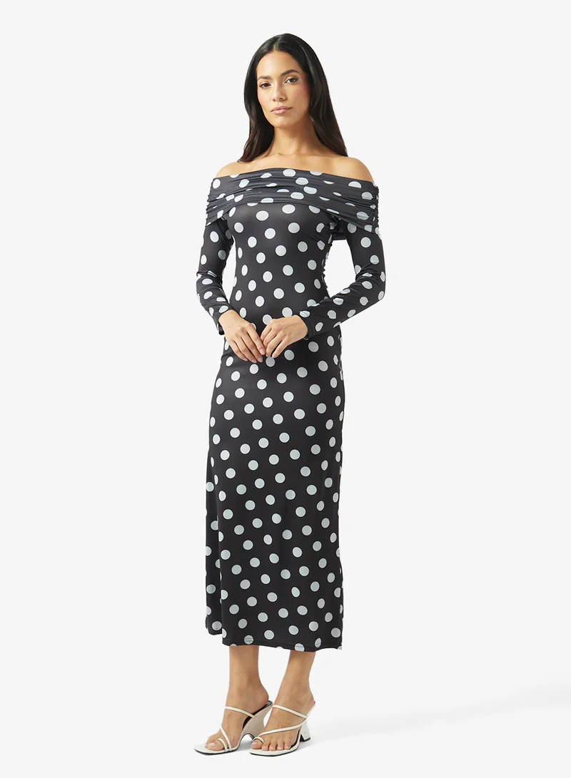 ELLA Polka Print Off Shoulder Dress