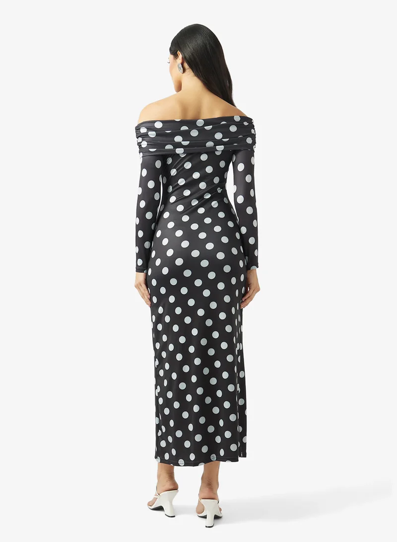 ELLA Polka Print Off Shoulder Dress