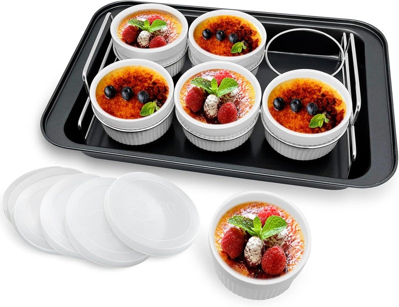 PLSFIT Ramekins Set with 6 Silicone Lids, Mothers Day Gifts Creme Brulee Making Set, Set of 6 Porcelain Ramekins, Oven Safe Covered Bowls & Soufflé Ramiken - Image 1