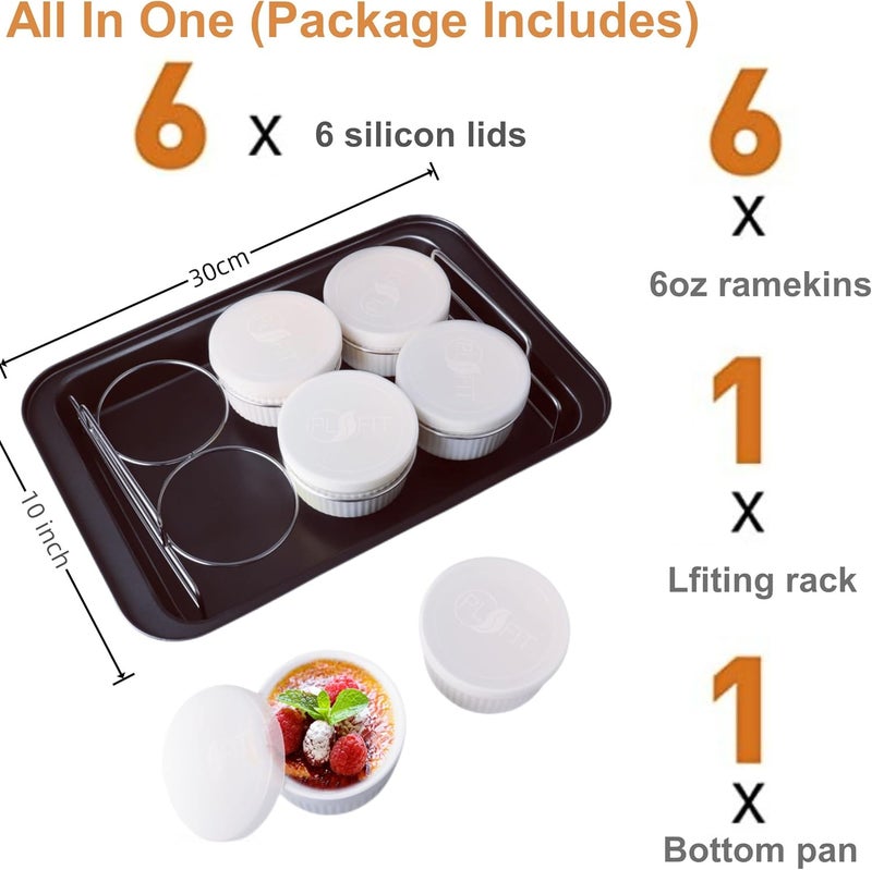 PLSFIT Ramekins Set with 6 Silicone Lids, Mothers Day Gifts Creme Brulee Making Set, Set of 6 Porcelain Ramekins, Oven Safe Covered Bowls & Soufflé Ramiken - Image 3