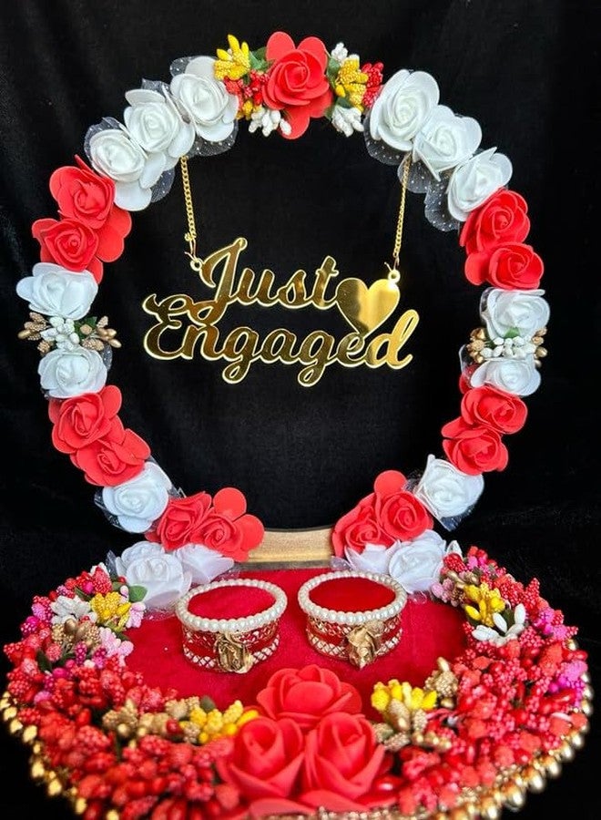 Mridang Handmade Just Engaged Engagement Ring tray ring holder platter with beautiful Floral work(anniversary/engagement/wedding platter/Decorative Tray/Marriage Decor)(10x10x8) inch - Image 3