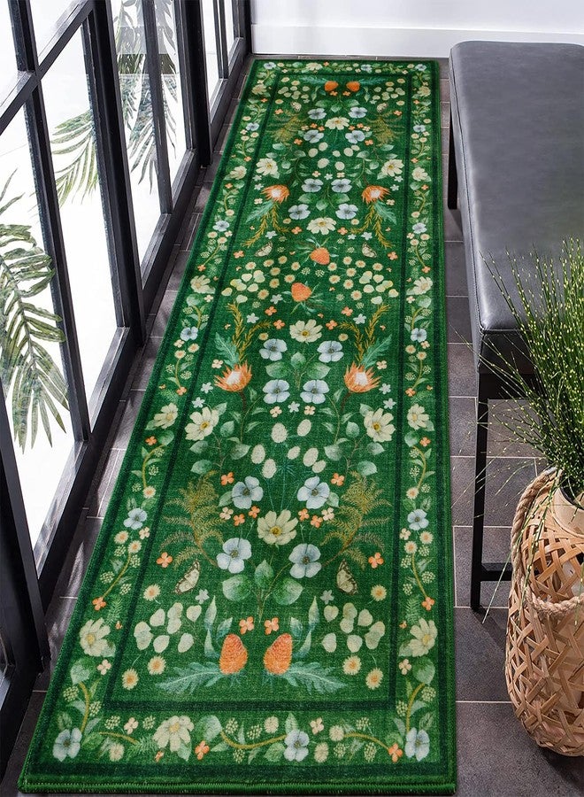 Rtizon Runner Rug, Green Floral Rug for Bedroom Entryway, 2x6 Runner Rugs Non Slip Washable for Hallway, Vintage Low Pile Office Living Room Rug - Image 1