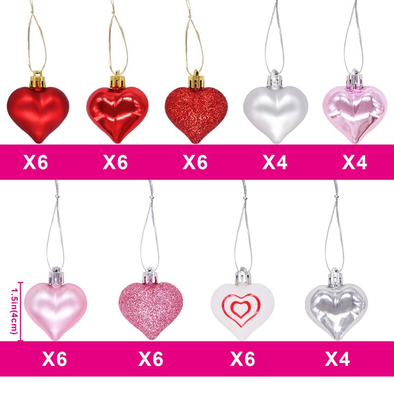 Ivenf Valentines Day Decor Heart Decorations  48 Pcs Red Pink Silver White Plastic Heart Tree Ornaments  Christmas Valentine Tree Decorations for The Home Wedding Dinner Gifts Table Tiered Tray Decor - Image 3