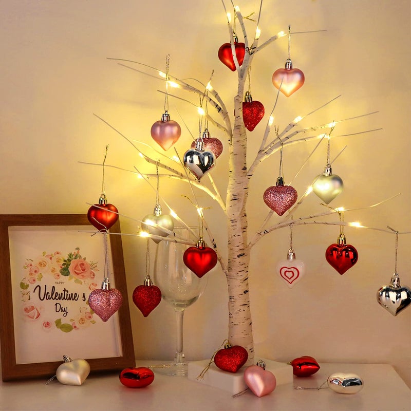 Ivenf Valentines Day Decor Heart Decorations  48 Pcs Red Pink Silver White Plastic Heart Tree Ornaments  Christmas Valentine Tree Decorations for The Home Wedding Dinner Gifts Table Tiered Tray Decor - Image 5