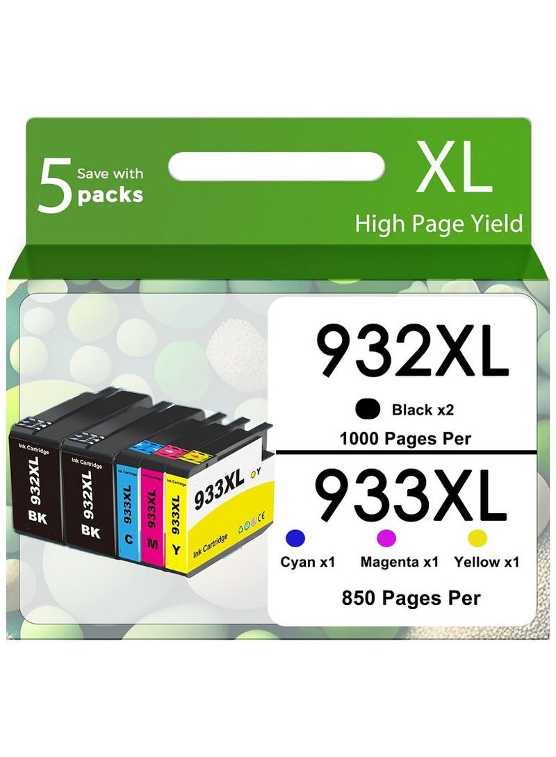 Compatible Ink Cartridge Replacement for 932XL 933XL 932 XL 933 (5 Pack Combo) to use with 6600 6100 6700 7510 7610 7612 7510 Printers (2 Black XL, Cyan, Magenta, Yellow) - Image 1