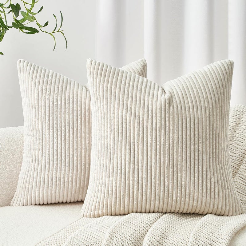 Topfinel Set of 2 Cushion Covers, 60 x 60 cm, Cream Corduroy Striped Pattern, Decorative Cushion Covers, Sofa Cushion, Couch Cushion, Decorative Cushion Covers for Living Room - Image 1