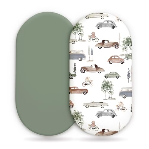 GRSSDER Stretchy Ultra Soft Fitted Bassinet Sheet Set 2 Pack Universal Fit for Bassinets Baby Cradle Moses Basket Oval Rectangle Mattress Safe and Snug Stylish Bassinet Sheets of Cars Print for Boys - Image 1