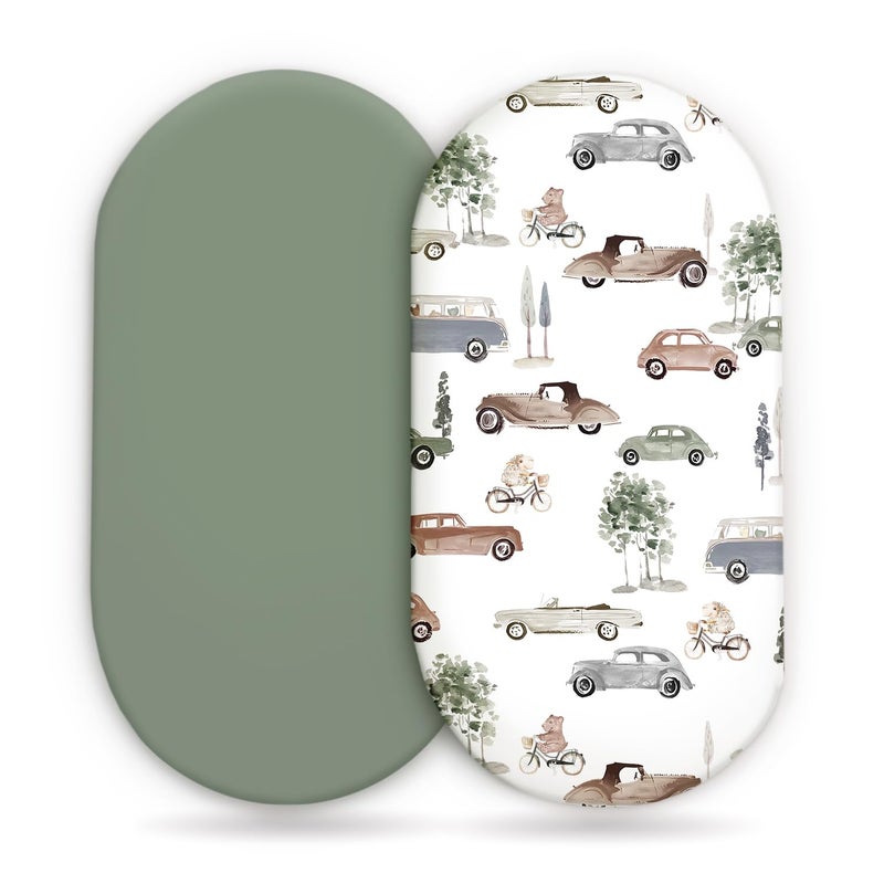 GRSSDER Stretchy Ultra Soft Fitted Bassinet Sheet Set 2 Pack Universal Fit for Bassinets Baby Cradle Moses Basket Oval Rectangle Mattress Safe and Snug Stylish Bassinet Sheets of Cars Print for Boys - Image 2
