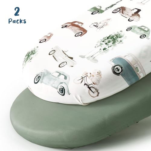 GRSSDER Stretchy Ultra Soft Fitted Bassinet Sheet Set 2 Pack Universal Fit for Bassinets Baby Cradle Moses Basket Oval Rectangle Mattress Safe and Snug Stylish Bassinet Sheets of Cars Print for Boys - Image 3