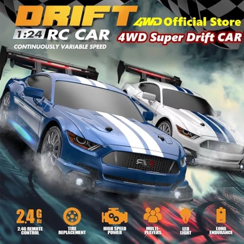 MICROMINI 1:24 Scale High Speed 4WD RC Drift Car – 30Km/Hr with 2 Batteries, LED Lights, Extra Tires, Cones & USB Charger | Rare Model, Full Drift Kit for Kids & Adults | Remote Controlled Racing Car - Image 2