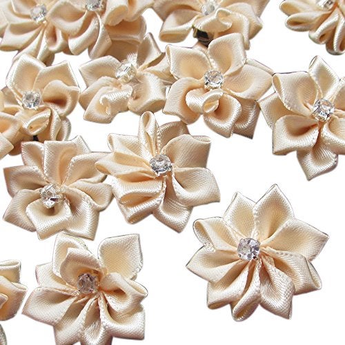 Chenkou Craft Beige(More Like Pink/Peach) 40pcs 28mm(1 1/8") Ribbon Flowers Bows Rhinestone Wedding Ornament Appliques - Image 5