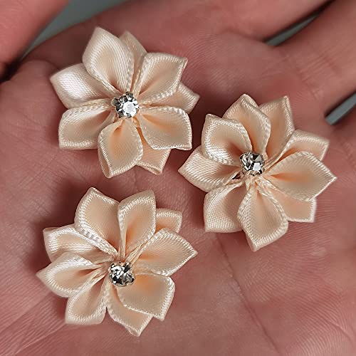 Chenkou Craft Beige(More Like Pink/Peach) 40pcs 28mm(1 1/8") Ribbon Flowers Bows Rhinestone Wedding Ornament Appliques - Image 2