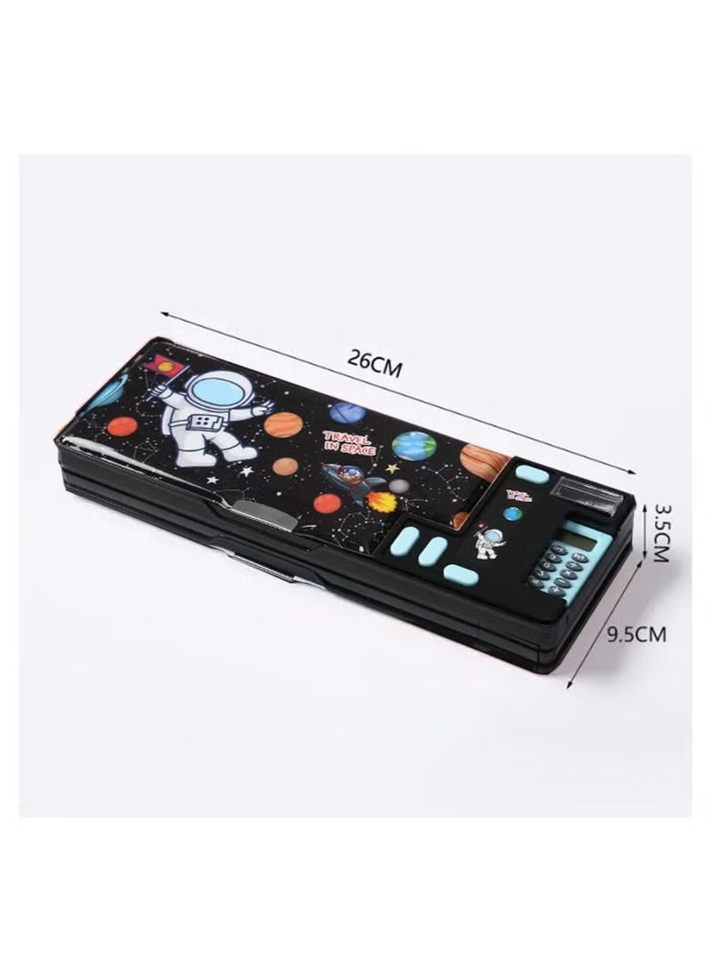 Pop Up Multifunction Pencil Case for Kids, with Calculator Sharpener Cute School Supplies Multifunction Stationery Organizer Space Gift for Kids Teens Black - Image 1