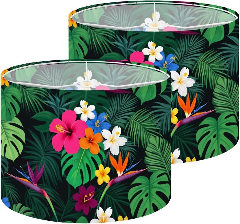 Lamp Shades Set of 2 Tropical Floral Paradise Hibiscus Plumeria Bird Paradise Flowers Drum Lampshades for Table Lamps Floor Lamps Pendant Light 13"x13"x10" Replacement Lamp Shade Easy Assembly - Image 1