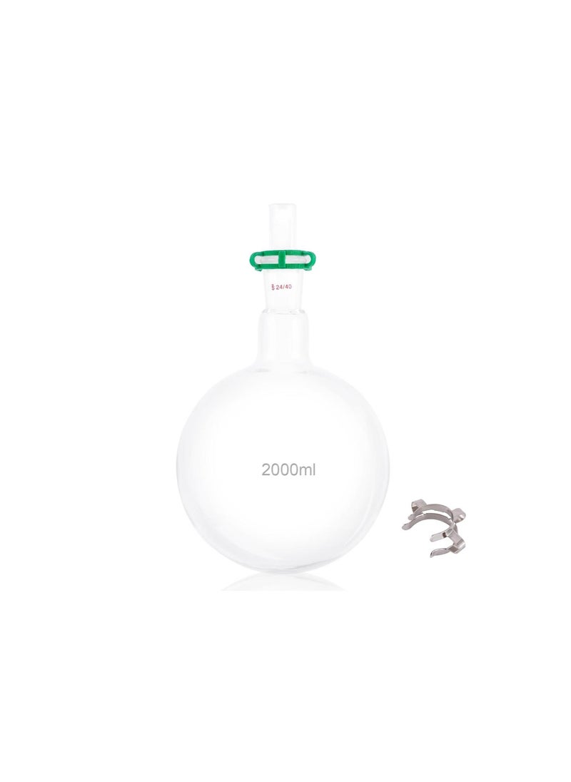 silvercnc - 2000ml Single Neck Round Bottom Flask 24/40 Heavy Wall Boiling Flask with Glass Hollow Stopper and 24mm Plastic Joint Clip, 2L Borosilicate Glass Lab Receiving Flask Organic Chemistry Lab Glassware - Image 1