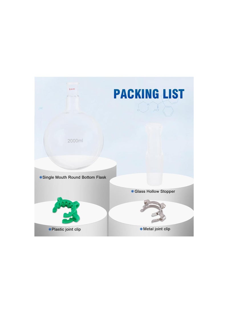 silvercnc - 2000ml Single Neck Round Bottom Flask 24/40 Heavy Wall Boiling Flask with Glass Hollow Stopper and 24mm Plastic Joint Clip, 2L Borosilicate Glass Lab Receiving Flask Organic Chemistry Lab Glassware - Image 1