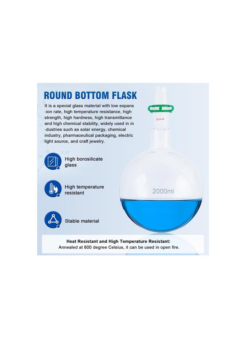 silvercnc - 2000ml Single Neck Round Bottom Flask 24/40 Heavy Wall Boiling Flask with Glass Hollow Stopper and 24mm Plastic Joint Clip, 2L Borosilicate Glass Lab Receiving Flask Organic Chemistry Lab Glassware - Image 1