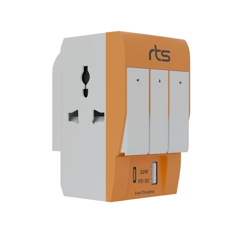 rts Type C PD and USB 3 Pin Multi Plug Socket-Worldwide Universal Travel Adapter with USB Ports & Individual Switch LED Indicator-3 Way Plug Socket (5A-250V) Type D Plug for Home Office Orange - Image 1