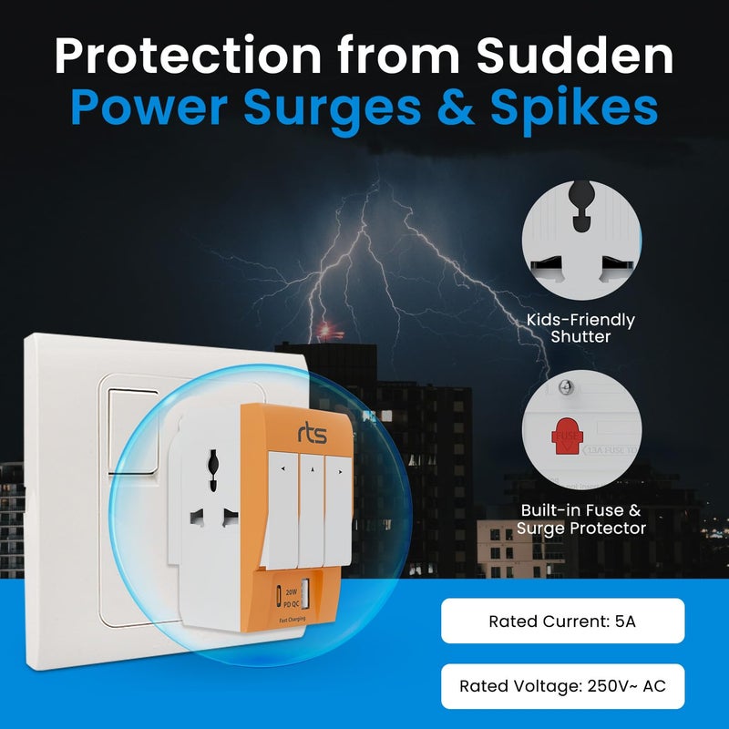 rts Type C PD and USB 3 Pin Multi Plug Socket-Worldwide Universal Travel Adapter with USB Ports & Individual Switch LED Indicator-3 Way Plug Socket (5A-250V) Type D Plug for Home Office Orange - Image 5