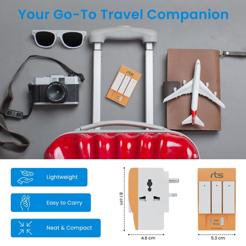 rts Type C PD and USB 3 Pin Multi Plug Socket-Worldwide Universal Travel Adapter with USB Ports & Individual Switch LED Indicator-3 Way Plug Socket (5A-250V) Type D Plug for Home Office Orange - Image 3