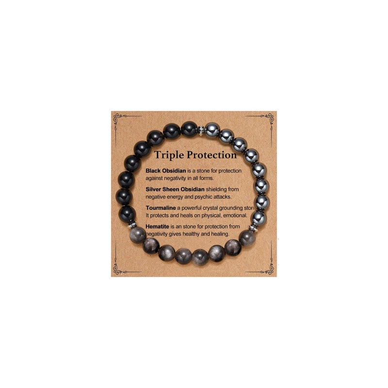 AULSIEY Triple Protection Bracelet for Men, Black Tourmaline Obsidian Hematite Bracelet Healing Crystals Gifts for Men Husband Dad, Christmas Birthday Anniversary Valentines Day Jewelry for Boyfriend (A) - Image 1