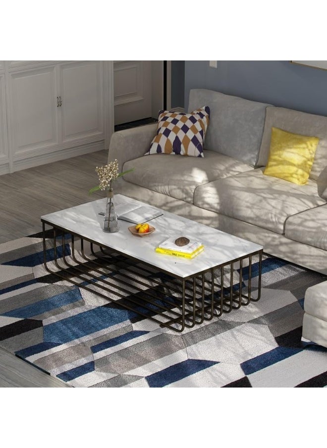 YINZUO - YINZUO Rectangular White Marble Top Coffee Table with Welded Metal Frame, No Assembly Required – Tea, Nesting, Sofa Side Table (Matt Black) - Image 1